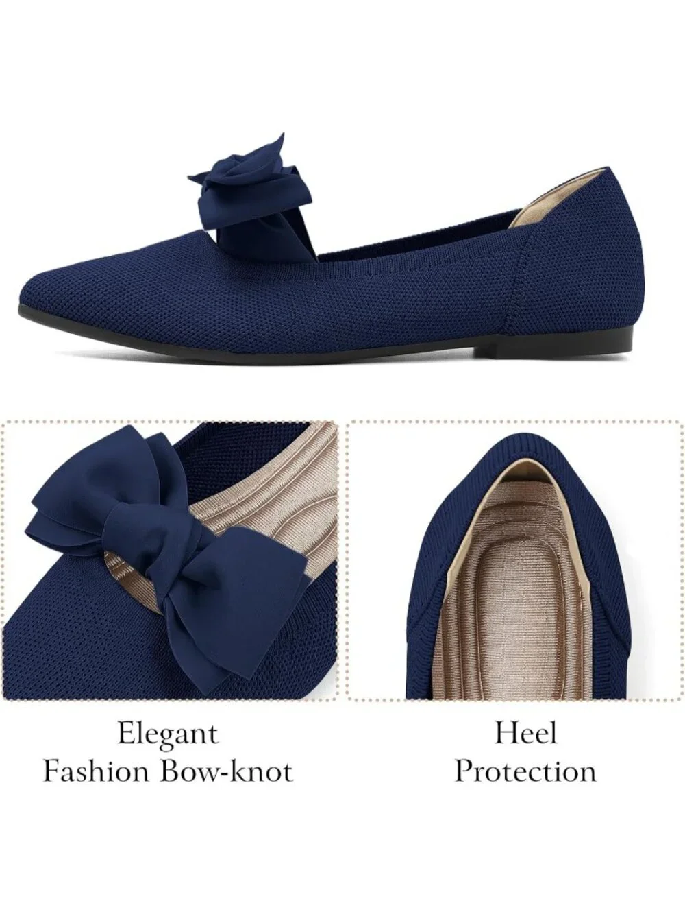 Womens Navy Blue Comfortable Knit Washable Pointed Toe Pull-On Ballet Flat Shoes